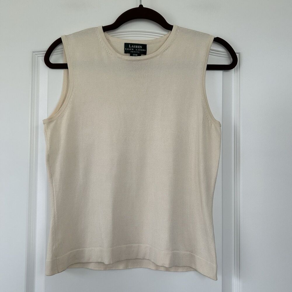 Lauren Ralph Lauren Knit Tank Womens Sz MP Petite Silk Blend Ivory Minimalist